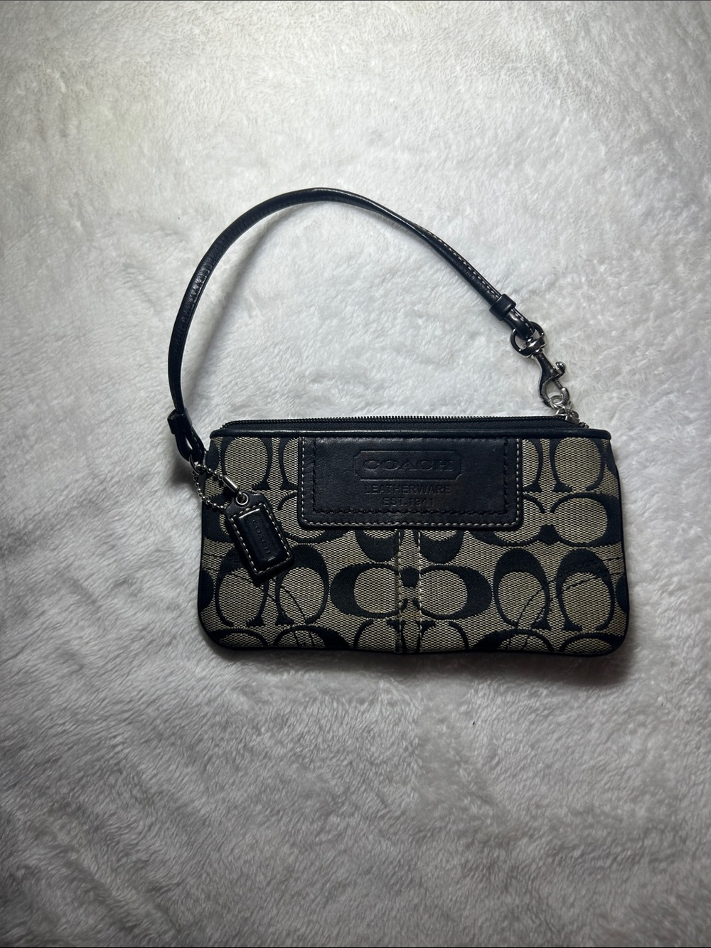 Coach Signature Canvas Wristlet in Black and Tan